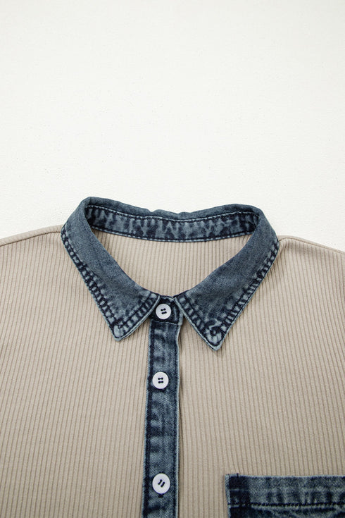 Ribbed Knit Denim Patchwork Polo Collar T Shirt Dress