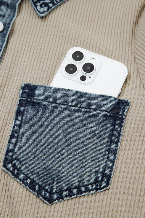 Ribbed Knit Denim Patchwork Polo Collar T Shirt Dress