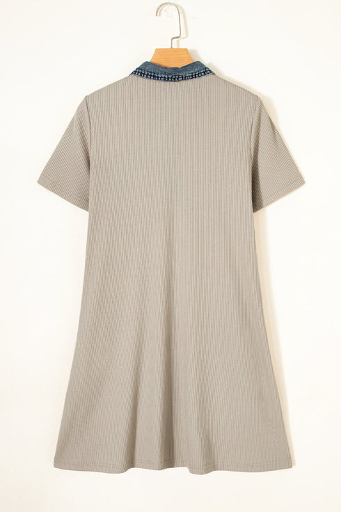 Ribbed Knit Denim Patchwork Polo Collar T Shirt Dress