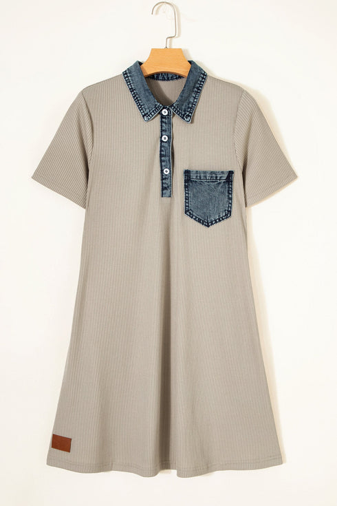 Ribbed Knit Denim Patchwork Polo Collar T Shirt Dress