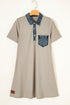 Ribbed Knit Denim Patchwork Polo Collar T Shirt Dress