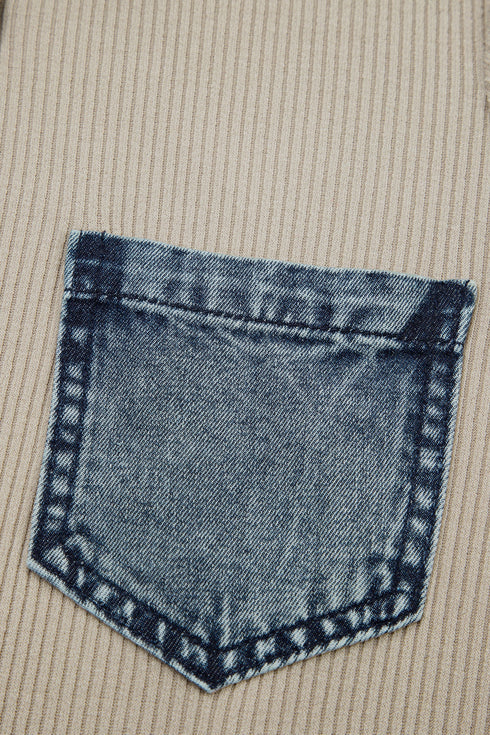 Ribbed Knit Denim Patchwork Polo Collar T Shirt Dress