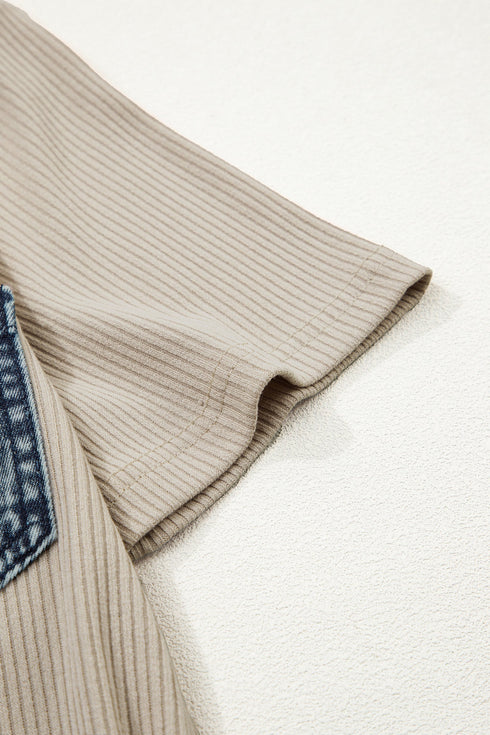 Ribbed Knit Denim Patchwork Polo Collar T Shirt Dress