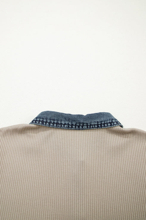 Ribbed Knit Denim Patchwork Polo Collar T Shirt Dress