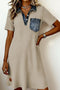 Ribbed Knit Denim Patchwork Polo Collar T Shirt Dress