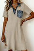 Ribbed Knit Denim Patchwork Polo Collar T Shirt Dress