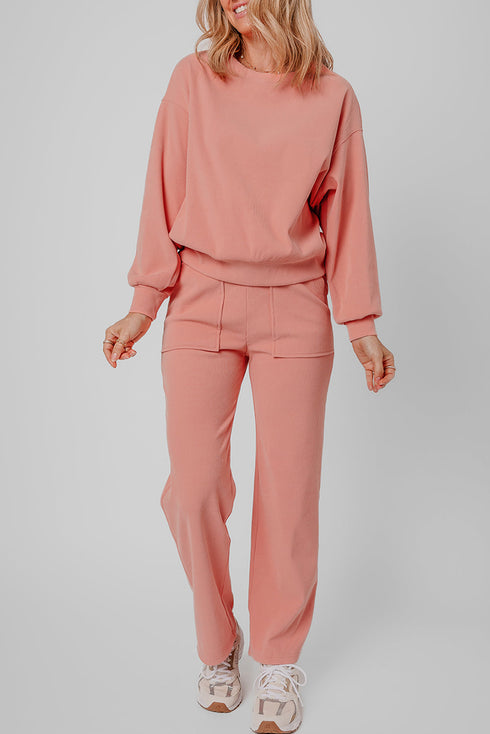 Ribbed Knit Drop Shoulder Wide Leg Lounge Pant Set