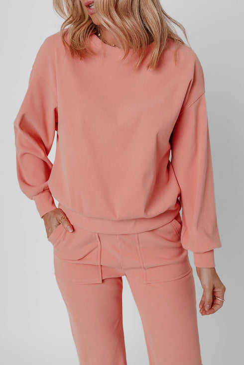 Ribbed Knit Drop Shoulder Wide Leg Lounge Pant Set