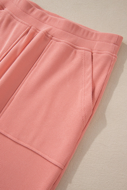 Ribbed Knit Drop Shoulder Wide Leg Lounge Pant Set
