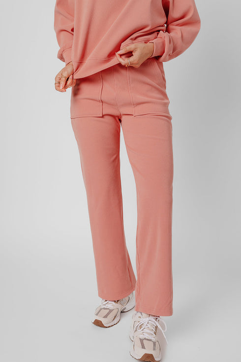 Ribbed Knit Drop Shoulder Wide Leg Lounge Pant Set