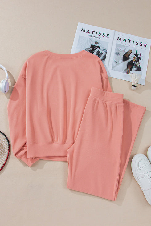Ribbed Knit Drop Shoulder Wide Leg Lounge Pant Set