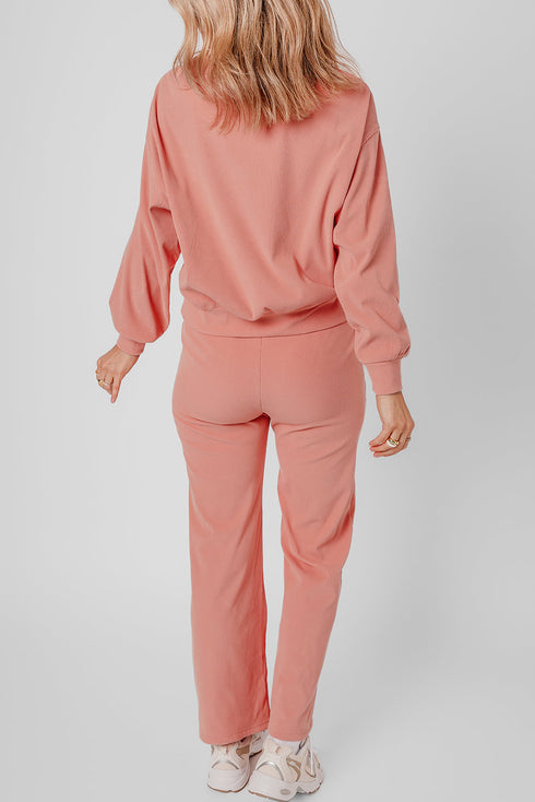 Ribbed Knit Drop Shoulder Wide Leg Lounge Pant Set