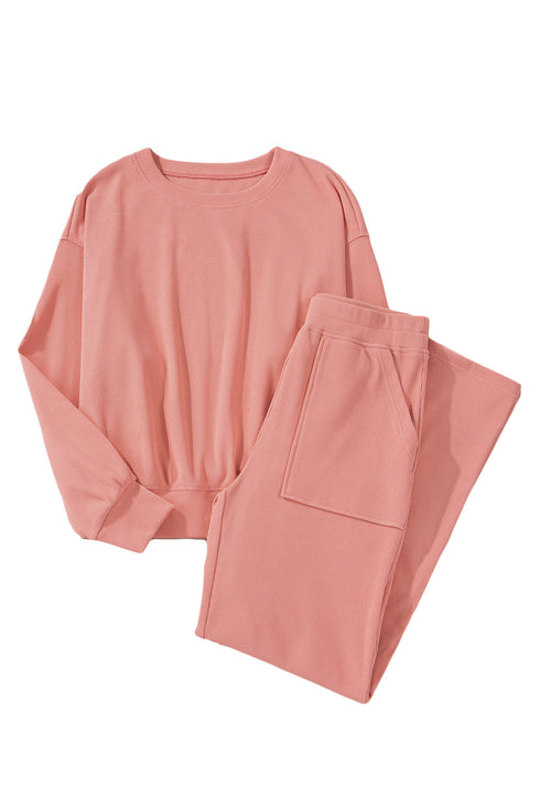 Ribbed Knit Drop Shoulder Wide Leg Lounge Pant Set