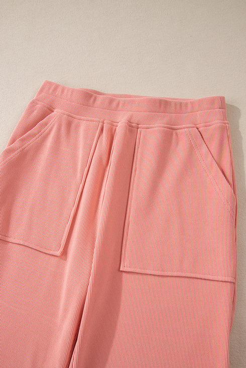 Ribbed Knit Drop Shoulder Wide Leg Lounge Pant Set