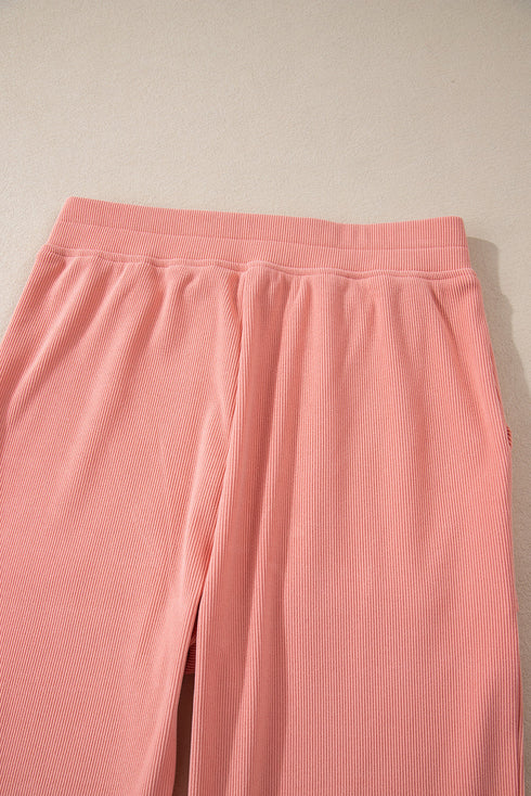Ribbed Knit Drop Shoulder Wide Leg Lounge Pant Set