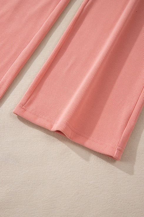 Ribbed Knit Drop Shoulder Wide Leg Lounge Pant Set
