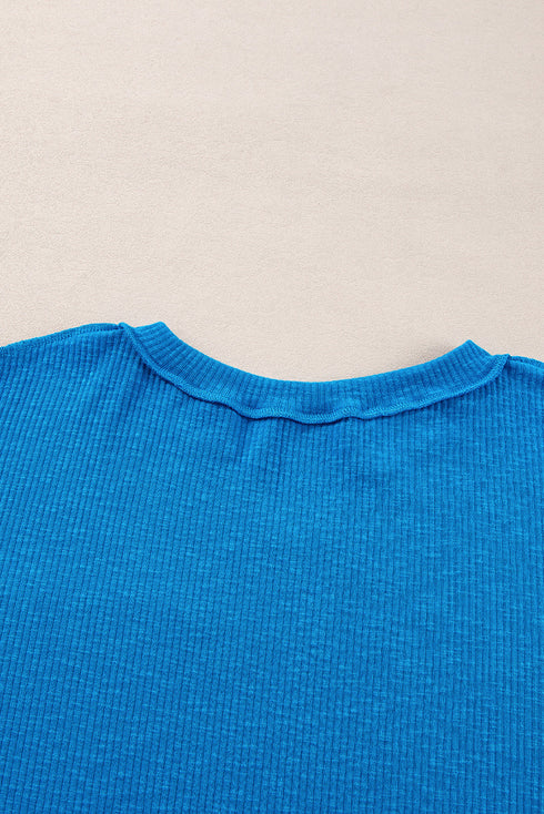 Ribbed Knit Exposed Seam V Neck Relaxed Fit Top