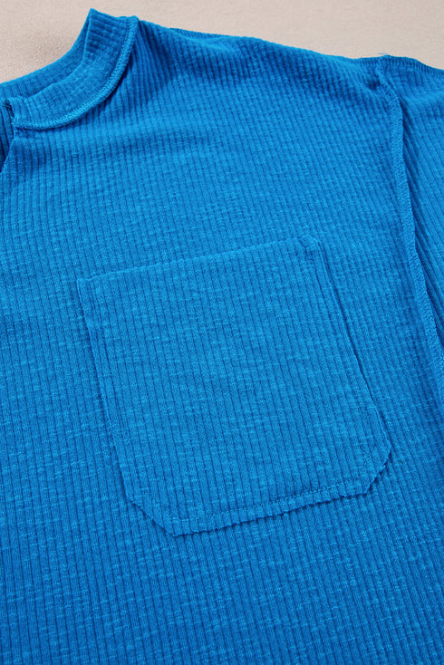 Ribbed Knit Exposed Seam V Neck Relaxed Fit Top