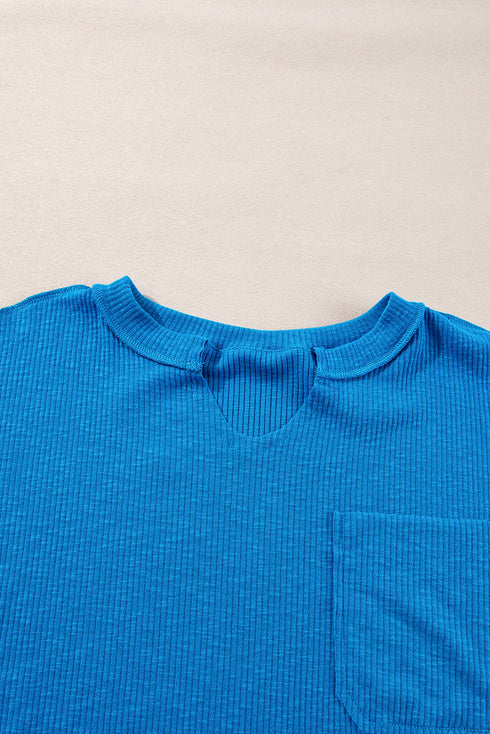 Ribbed Knit Exposed Seam V Neck Relaxed Fit Top