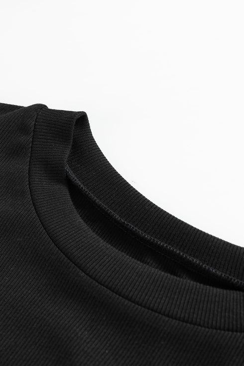 Ribbed Knit Faux Leather Ruffle Sleeve Patchwork Blouse