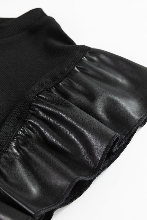 Ribbed Knit Faux Leather Ruffle Sleeve Patchwork Blouse