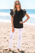 Ribbed Knit Faux Leather Ruffle Sleeve Patchwork Blouse