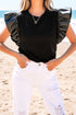 Ribbed Knit Faux Leather Ruffle Sleeve Patchwork Blouse