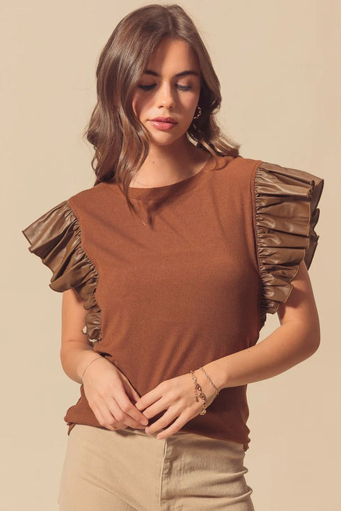 Ribbed Knit Faux Leather Ruffle Sleeve Patchwork Blouse