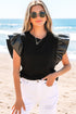 Ribbed Knit Faux Leather Ruffle Sleeve Patchwork Blouse