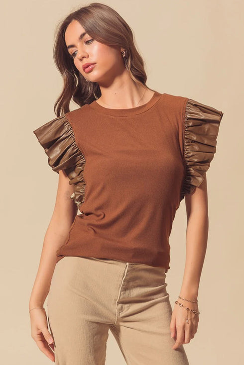 Ribbed Knit Faux Leather Ruffle Sleeve Patchwork Blouse