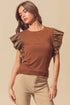 Ribbed Knit Faux Leather Ruffle Sleeve Patchwork Blouse