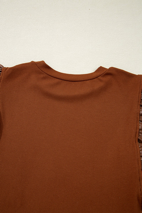 Ribbed Knit Faux Leather Ruffle Sleeve Patchwork Blouse