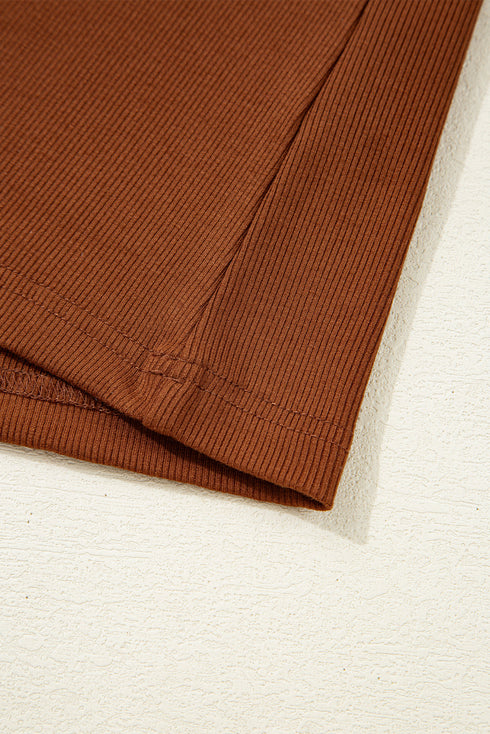 Ribbed Knit Faux Leather Ruffle Sleeve Patchwork Blouse