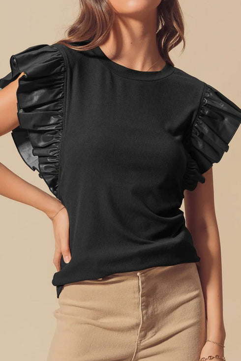 Ribbed Knit Faux Leather Ruffle Sleeve Patchwork Blouse