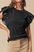 Ribbed Knit Faux Leather Ruffle Sleeve Patchwork Blouse