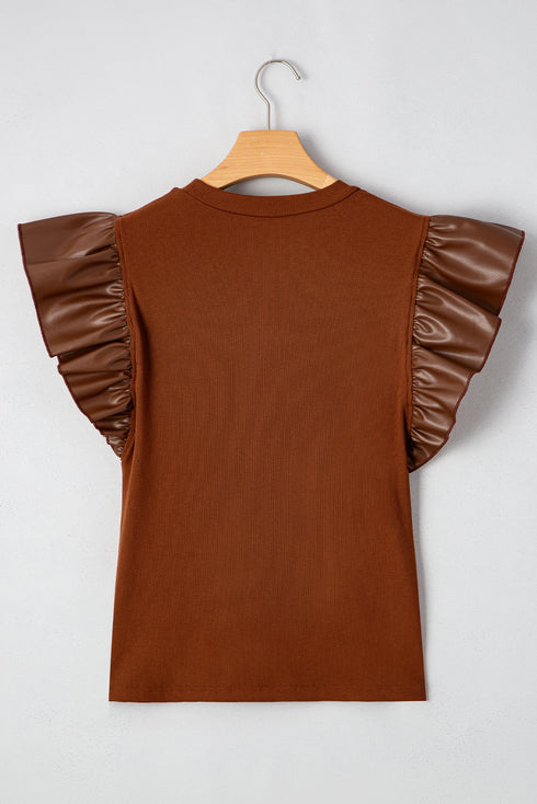 Ribbed Knit Faux Leather Ruffle Sleeve Patchwork Blouse