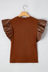 Ribbed Knit Faux Leather Ruffle Sleeve Patchwork Blouse