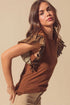 Ribbed Knit Faux Leather Ruffle Sleeve Patchwork Blouse