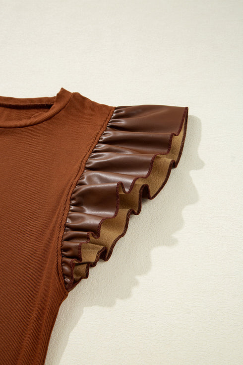 Ribbed Knit Faux Leather Ruffle Sleeve Patchwork Blouse