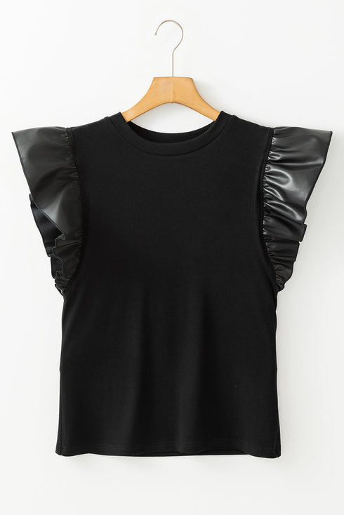 Ribbed Knit Faux Leather Ruffle Sleeve Patchwork Blouse