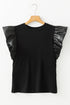 Ribbed Knit Faux Leather Ruffle Sleeve Patchwork Blouse