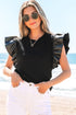 Ribbed Knit Faux Leather Ruffle Sleeve Patchwork Blouse