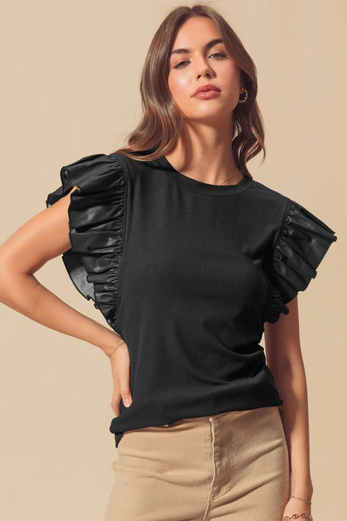 Ribbed Knit Faux Leather Ruffle Sleeve Patchwork Blouse