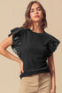 Ribbed Knit Faux Leather Ruffle Sleeve Patchwork Blouse