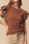 Ribbed Knit Faux Leather Ruffle Sleeve Patchwork Blouse