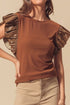 Ribbed Knit Faux Leather Ruffle Sleeve Patchwork Blouse