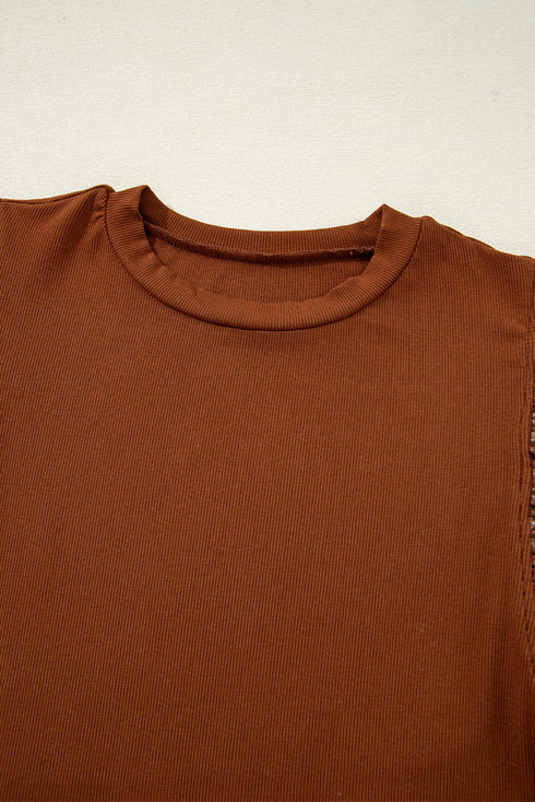 Ribbed Knit Faux Leather Ruffle Sleeve Patchwork Blouse