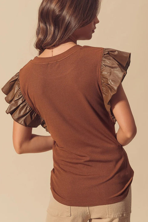 Ribbed Knit Faux Leather Ruffle Sleeve Patchwork Blouse
