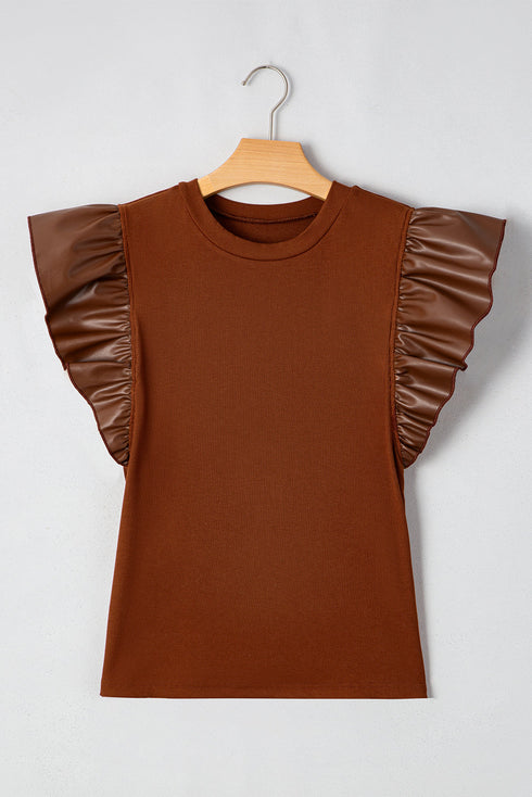 Ribbed Knit Faux Leather Ruffle Sleeve Patchwork Blouse