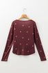 Ribbed Knit Floral Print Notched Neck Long Sleeve Top